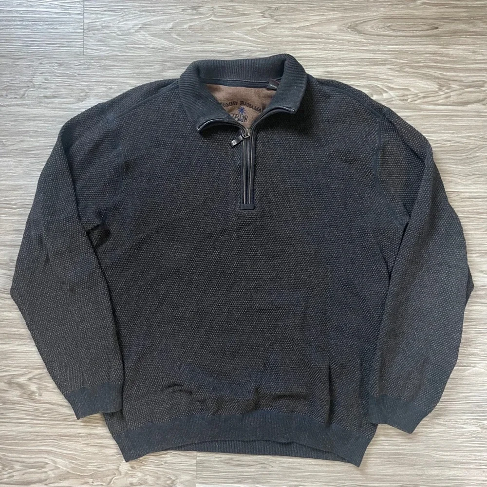 Tommy Bahama TB18 Men Large Gray Waffle Knit Quarter Zip Cotton Sweater 83-G4048